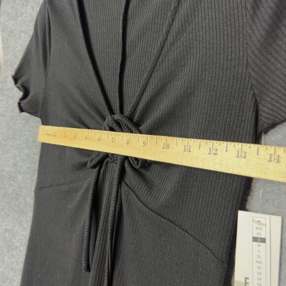 Black Mini Dress Babydoll Rib Knit Lettuce Edge Tie Front BP S Whimsigoth Retro - Picture 11 of 15
